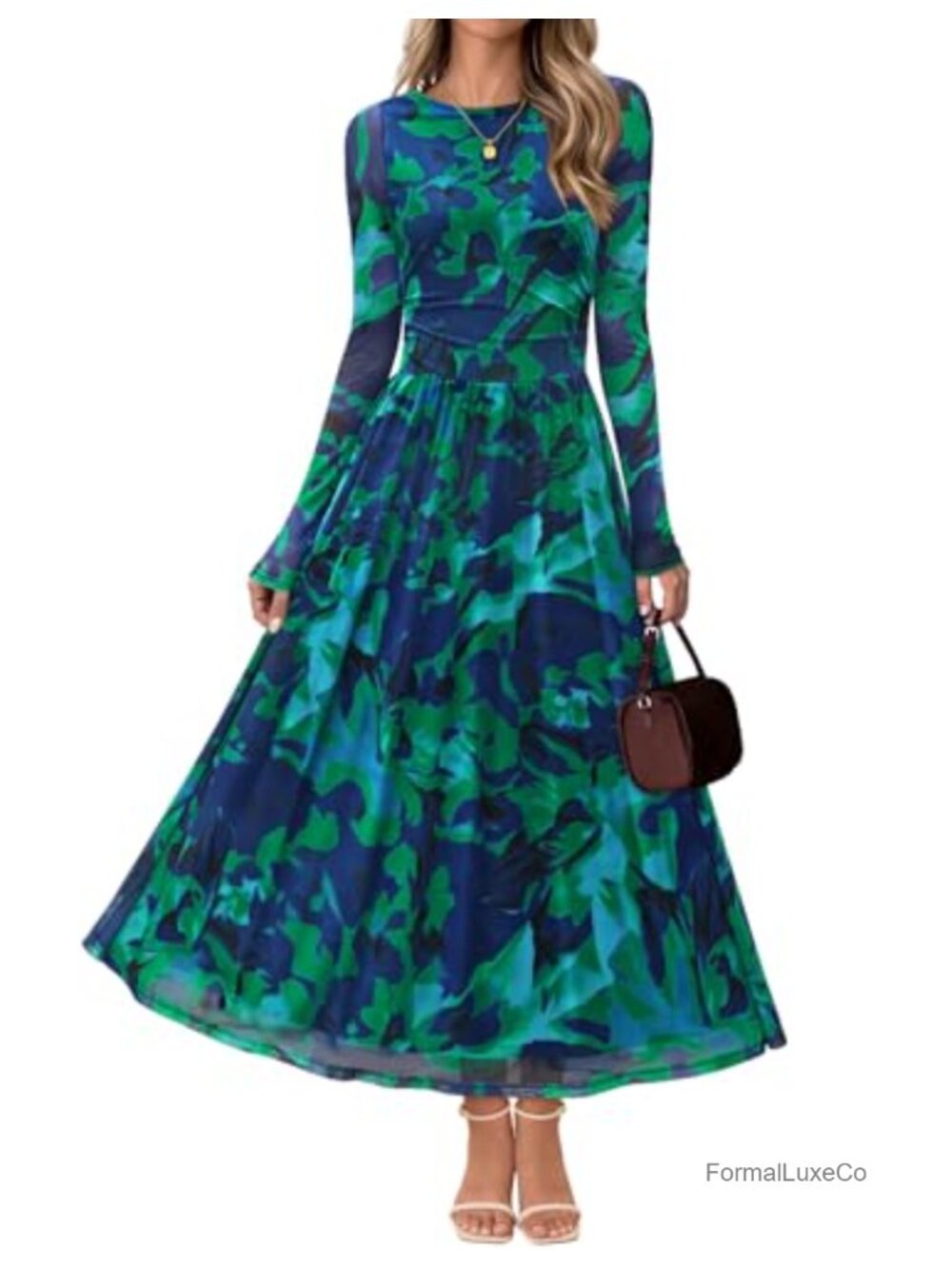 Womens Floral Maxi Dress Long Sleeve A-Line Wedding Guest Cocktail